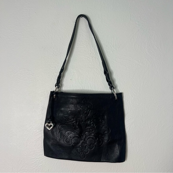 Brighton Embossed Leather Shoulder Bag Purse Tassel Heart Charm Black - Picture 1 of 11
